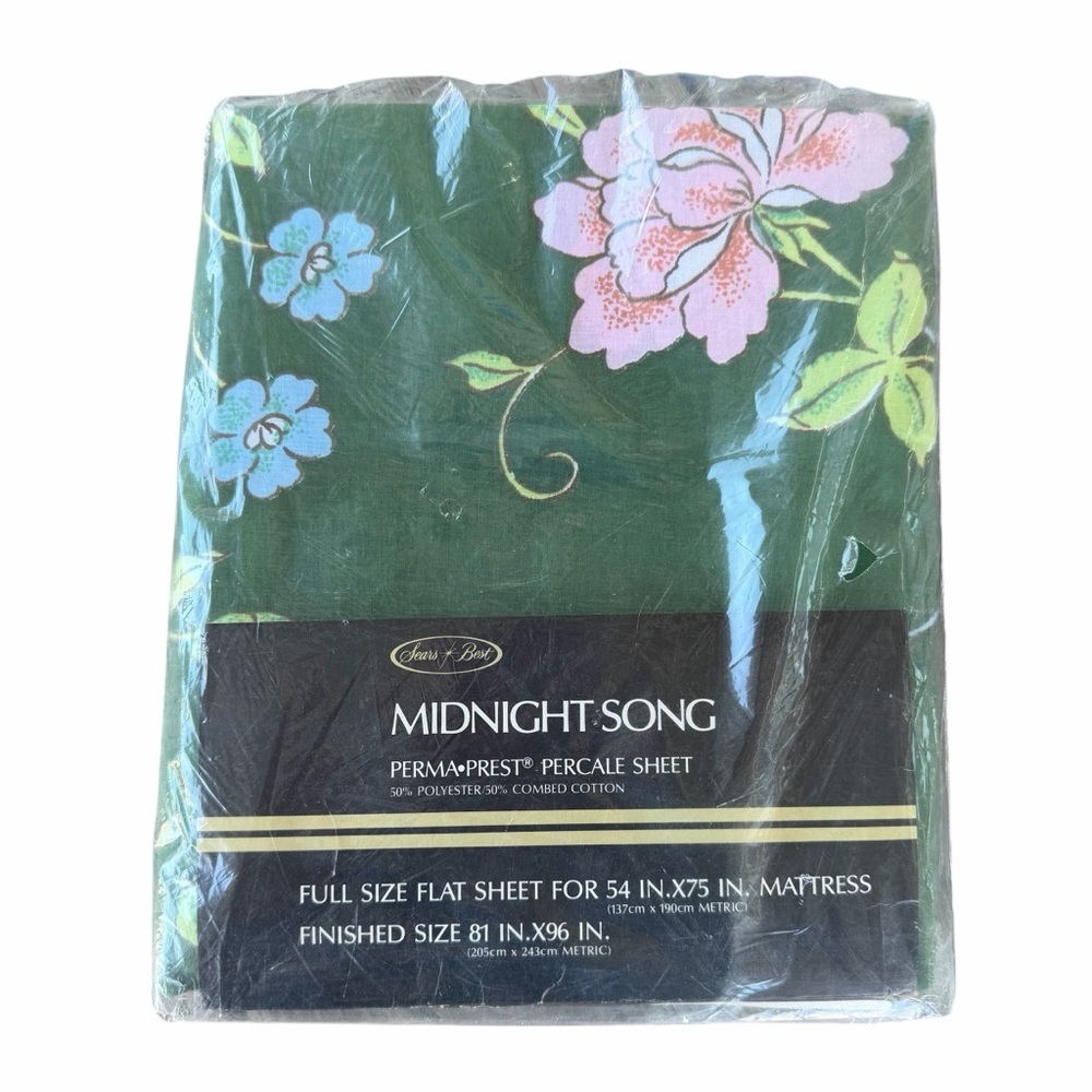 Vintage Sears Best Midnight Song Full Size Flat Sheet Green Floral Percale NOS